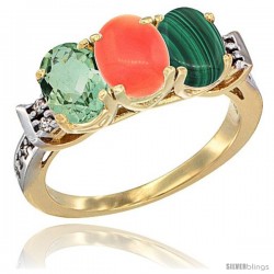 10K Yellow Gold Natural Green Amethyst, Coral & Malachite Ring 3-Stone Oval 7x5 mm Diamond Accent