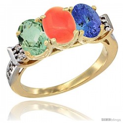 10K Yellow Gold Natural Green Amethyst, Coral & Tanzanite Ring 3-Stone Oval 7x5 mm Diamond Accent