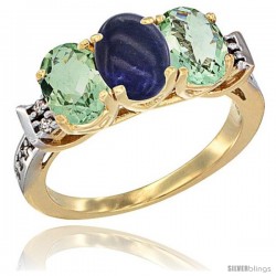 10K Yellow Gold Natural Lapis & Green Amethyst Sides Ring 3-Stone Oval 7x5 mm Diamond Accent