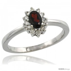 10k White Gold Diamond Halo Garnet Ring 0.25 ct Oval Stone 5x3 mm, 5/16 in wide