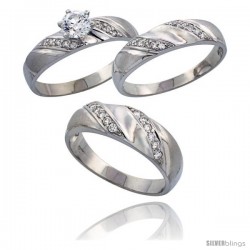 Sterling Silver 3-Piece Trio His (7 mm) & Hers (5 mm) CZ Wedding Ring Band Set