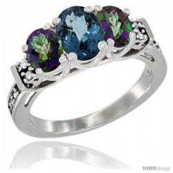 14K White Gold Natural London Blue Topaz & Mystic Topaz Ring 3-Stone Oval with Diamond Accent