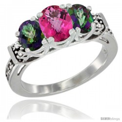 14K White Gold Natural Pink Topaz & Mystic Topaz Ring 3-Stone Oval with Diamond Accent