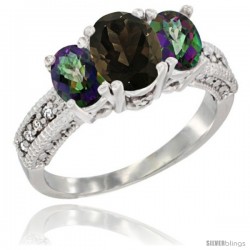 14k White Gold Ladies Oval Natural Smoky Topaz 3-Stone Ring with Mystic Topaz Sides Diamond Accent