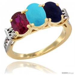 10K Yellow Gold Natural Ruby, Turquoise & Lapis Ring 3-Stone Oval 7x5 mm Diamond Accent