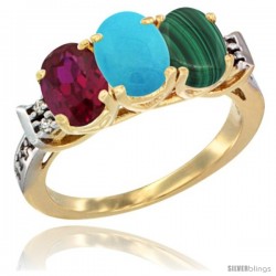 10K Yellow Gold Natural Ruby, Turquoise & Malachite Ring 3-Stone Oval 7x5 mm Diamond Accent