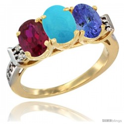 10K Yellow Gold Natural Ruby, Turquoise & Tanzanite Ring 3-Stone Oval 7x5 mm Diamond Accent