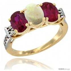 10K Yellow Gold Natural Opal & Ruby Sides Ring 3-Stone Oval 7x5 mm Diamond Accent