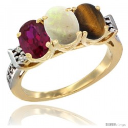 10K Yellow Gold Natural Ruby, Opal & Tiger Eye Ring 3-Stone Oval 7x5 mm Diamond Accent