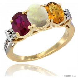 10K Yellow Gold Natural Ruby, Opal & Whisky Quartz Ring 3-Stone Oval 7x5 mm Diamond Accent