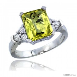 14k White Gold Ladies Natural Lemon Quartz Ring Emerald-shape 9x7 Stone Diamond Accent