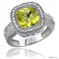 14k White Gold Ladies Natural Lemon Quartz Ring Diamond Accent, Cushion-cut 4 ct. 8x8 Stone Diamond Accent