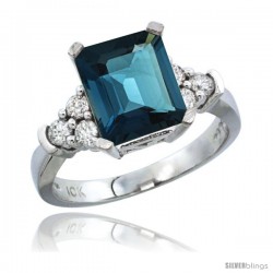 10K White Gold Natural London Blue Topaz Ring Emerald-shape 9x7 Stone Diamond Accent