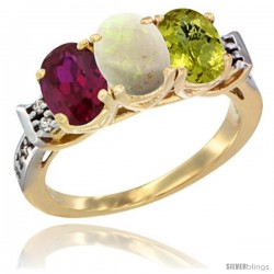 10K Yellow Gold Natural Ruby, Opal & Lemon Quartz Ring 3-Stone Oval 7x5 mm Diamond Accent