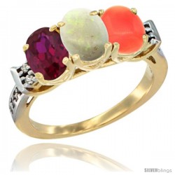 10K Yellow Gold Natural Ruby, Opal & Coral Ring 3-Stone Oval 7x5 mm Diamond Accent