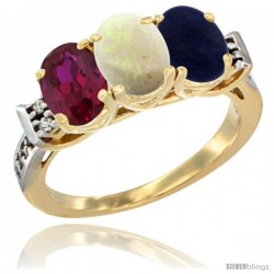 10K Yellow Gold Natural Ruby, Opal & Lapis Ring 3-Stone Oval 7x5 mm Diamond Accent