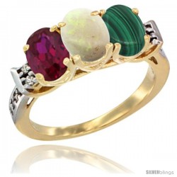 10K Yellow Gold Natural Ruby, Opal & Malachite Ring 3-Stone Oval 7x5 mm Diamond Accent