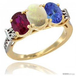 10K Yellow Gold Natural Ruby, Opal & Tanzanite Ring 3-Stone Oval 7x5 mm Diamond Accent