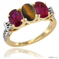 10K Yellow Gold Natural Tiger Eye & Ruby Sides Ring 3-Stone Oval 7x5 mm Diamond Accent