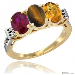 10K Yellow Gold Natural Ruby, Tiger Eye & Whisky Quartz Ring 3-Stone Oval 7x5 mm Diamond Accent