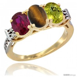 10K Yellow Gold Natural Ruby, Tiger Eye & Lemon Quartz Ring 3-Stone Oval 7x5 mm Diamond Accent