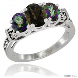 14K White Gold Natural Smoky Topaz & Mystic Topaz Ring 3-Stone Oval with Diamond Accent