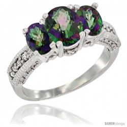 14k White Gold Ladies Oval Natural Mystic Topaz 3-Stone Ring Diamond Accent