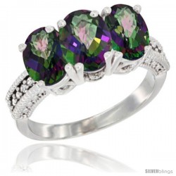 14K White Gold Natural Mystic Topaz Ring 3-Stone 7x5 mm Oval Diamond Accent