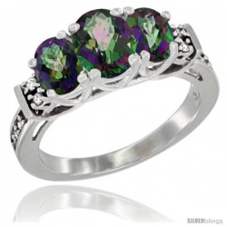 14K White Gold Natural Mystic Topaz Ring 3-Stone Oval with Diamond Accent