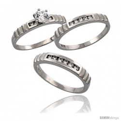 Sterling Silver 3-Piece Trio His (4 mm) & Hers (3.5 mm) CZ Wedding Ring Band Set