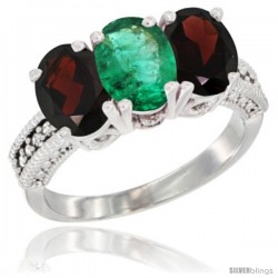 14K White Gold Natural Emerald & Garnet Sides Ring 3-Stone 7x5 mm Oval Diamond Accent