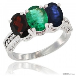 14K White Gold Natural Garnet, Emerald & Blue Sapphire Ring 3-Stone 7x5 mm Oval Diamond Accent