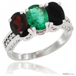 14K White Gold Natural Garnet, Emerald & Black Onyx Ring 3-Stone 7x5 mm Oval Diamond Accent