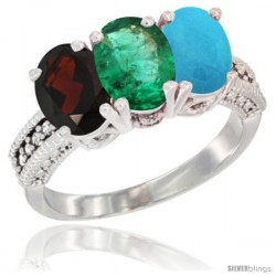 14K White Gold Natural Garnet, Emerald & Turquoise Ring 3-Stone 7x5 mm Oval Diamond Accent