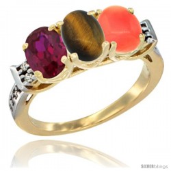 10K Yellow Gold Natural Ruby, Tiger Eye & Coral Ring 3-Stone Oval 7x5 mm Diamond Accent