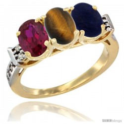 10K Yellow Gold Natural Ruby, Tiger Eye & Lapis Ring 3-Stone Oval 7x5 mm Diamond Accent