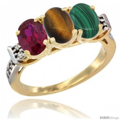 10K Yellow Gold Natural Ruby, Tiger Eye & Malachite Ring 3-Stone Oval 7x5 mm Diamond Accent