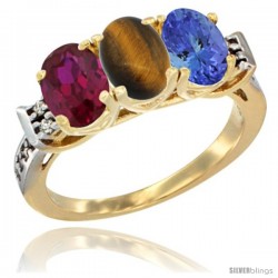 10K Yellow Gold Natural Ruby, Tiger Eye & Tanzanite Ring 3-Stone Oval 7x5 mm Diamond Accent