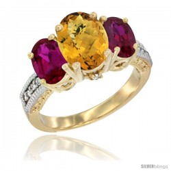 10K Yellow Gold Ladies 3-Stone Oval Natural Whisky Quartz Ring with Ruby Sides Diamond Accent