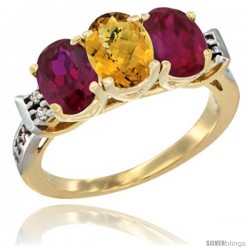 10K Yellow Gold Natural Whisky Quartz & Ruby Sides Ring 3-Stone Oval 7x5 mm Diamond Accent