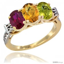 10K Yellow Gold Natural Ruby, Whisky Quartz & Lemon Quartz Ring 3-Stone Oval 7x5 mm Diamond Accent