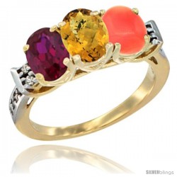 10K Yellow Gold Natural Ruby, Whisky Quartz & Coral Ring 3-Stone Oval 7x5 mm Diamond Accent