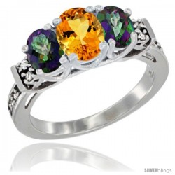 14K White Gold Natural Citrine & Mystic Topaz Ring 3-Stone Oval with Diamond Accent