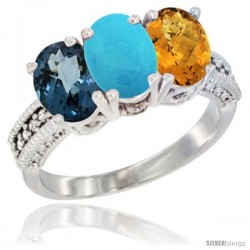 10K White Gold Natural London Blue Topaz, Turquoise & Whisky Quartz Ring 3-Stone Oval 7x5 mm Diamond Accent