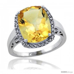 Sterling Silver Diamond Natural Citrine Ring 5.17 ct Checkerboard Cut Cushion 12x10 mm, 1/2 in wide