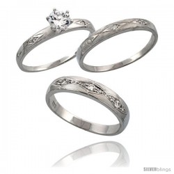 Sterling Silver 3-Piece His 4.5 mm & Hers 3 mm Trio Wedding Ring Set CZ Stones Rhodium Finish