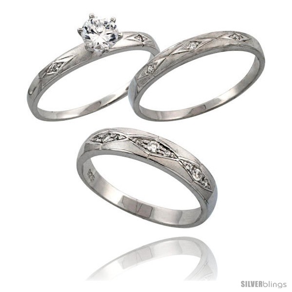 Sterling Silver 3 Piece His 4 5 Mm Hers 3 Mm Trio Wedding Ring Set Cz Stones Rhodium Finish