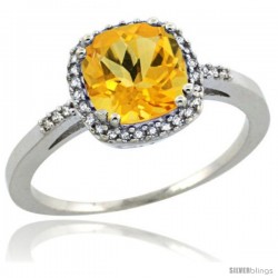 Sterling Silver Diamond Natural Citrine Ring 1.5 ct Checkerboard Cut Cushion Shape 7 mm, 3/8 in wide