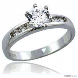 Sterling Silver Cubic Zirconia Solitaire Engagement Ring 1 ct size Brilliant cut, 1/8 in wide