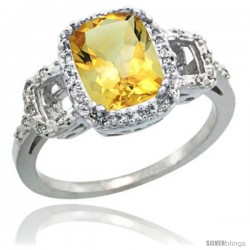 Sterling Silver Diamond Natural Citrine Ring 2 ct Checkerboard Cut Cushion Shape 9x7 mm, 1/2 in wide